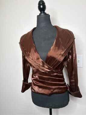 Y2K vintage Satin Wrap Blouse in Chocolate Brown preppy